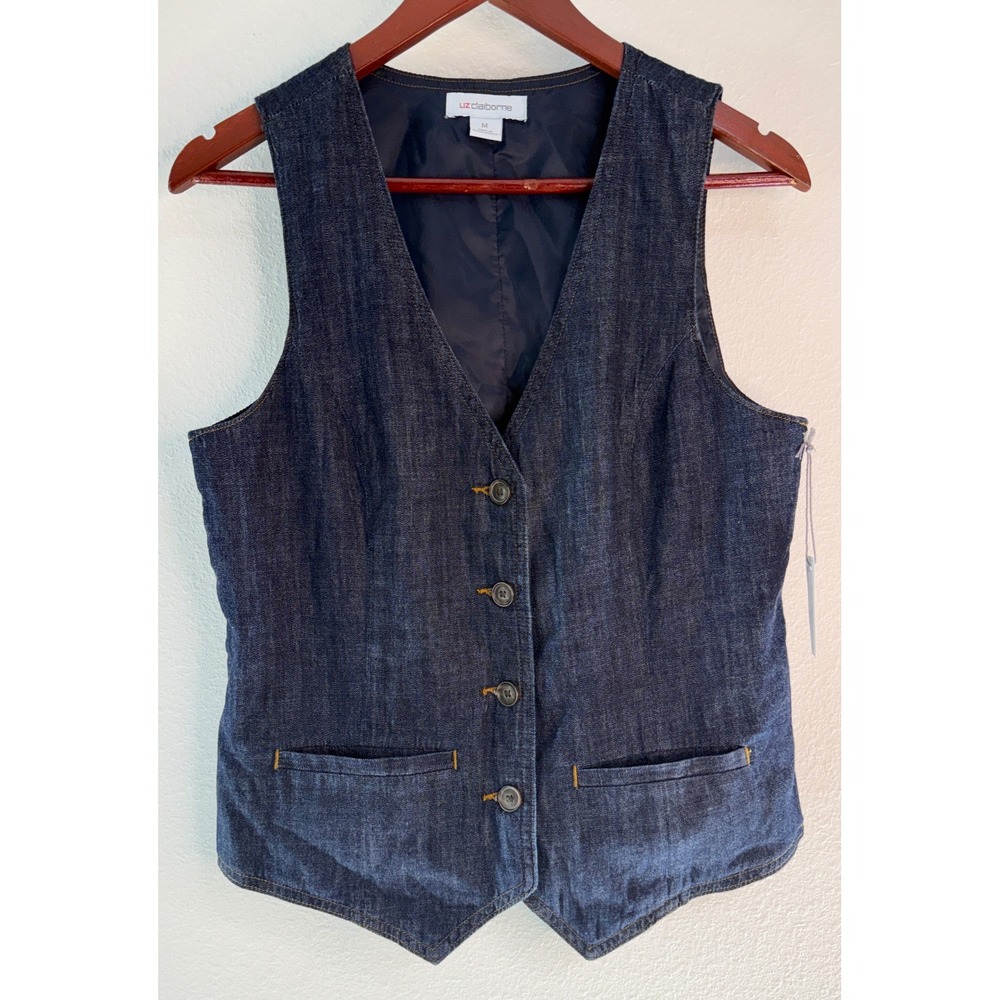 Y2K Liz Claiborne Darkwash Denim Chambray Vest Button Up Boho Western NWT Med